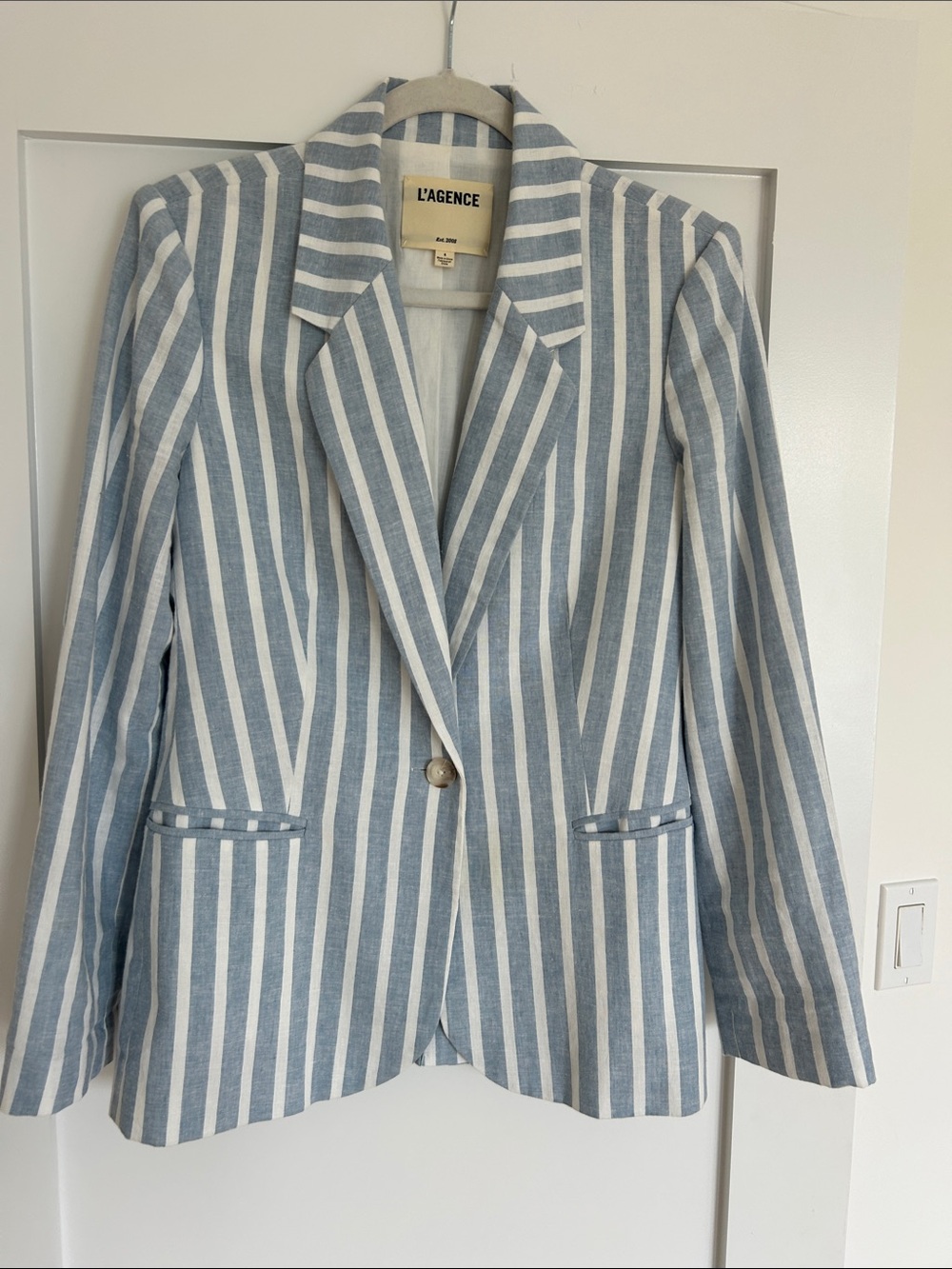 L'AGENCE Light Blue and White Striped Tailored Blazer
